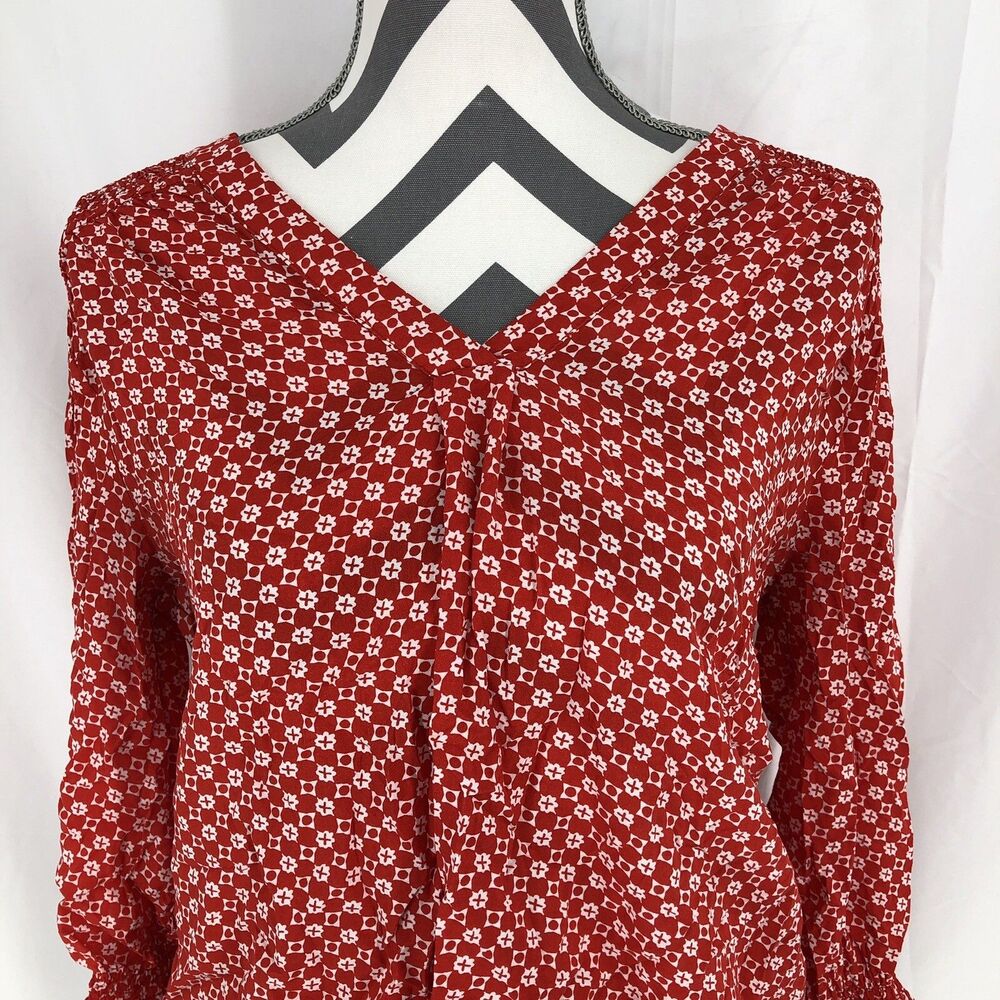 Ava Christine Red White V Neck 3/4 Sleeve Elastic Cuff Blouse Medium